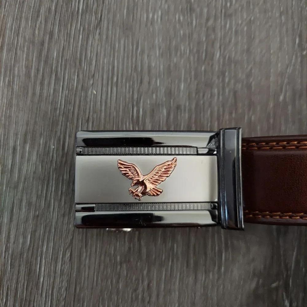 Brown Ratchet Leather Belt Eagle Buckle Size L 38